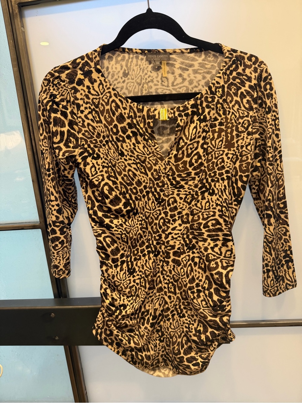 Vince Camuto Stretchy Leopard-Print V-Neck Top - Brown Black